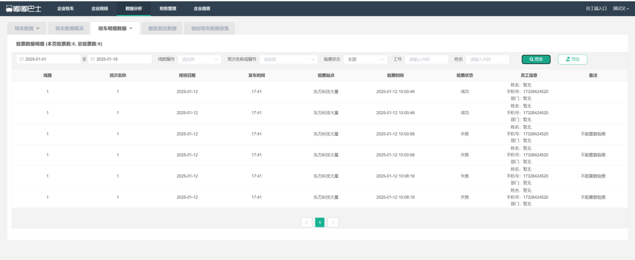 验票数据明细界面